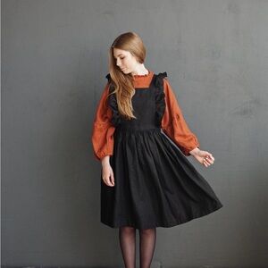 Black linen apron dress with ruffle flutter sleeve